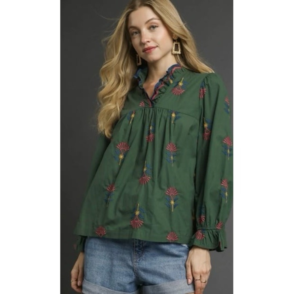 Umgee Hunter Green embroidered floral Blouse xl